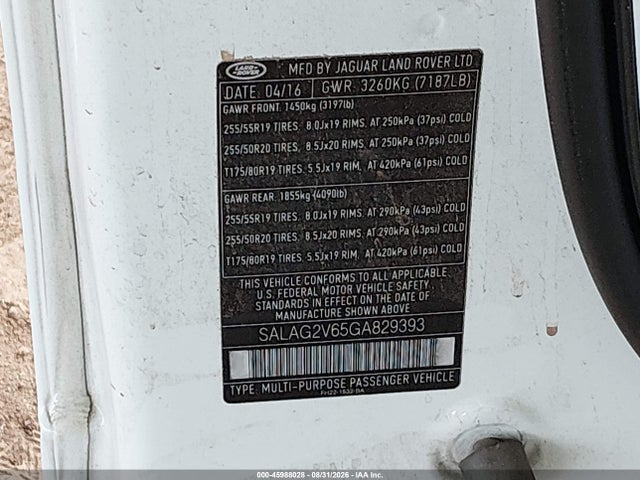 Aukcja sprzedaży 2016 Land Rover Lr4, vin: SALAG2V65GA829393, numer aukcji: 45988028