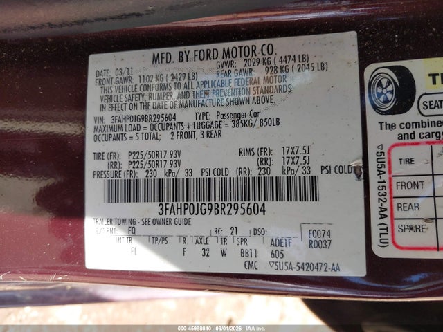 2011 Ford Fusion Sel მანქანა იყიდება აუქციონზე, vin: 3FAHP0JG9BR295604, აუქციონის ნომერი: 45988040