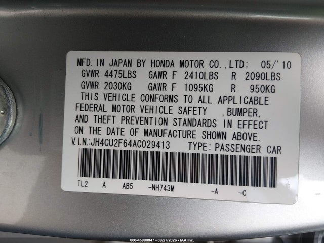 45988047 :رقم المزاد ، JH4CU2F64AC029413 vin ، 2010 Acura Tsx 2.4 مزاد بيع