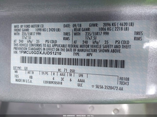 2018 Ford Escape Se მანქანა იყიდება აუქციონზე, vin: 1FMCU0GDXJUD51210, აუქციონის ნომერი: 45988050