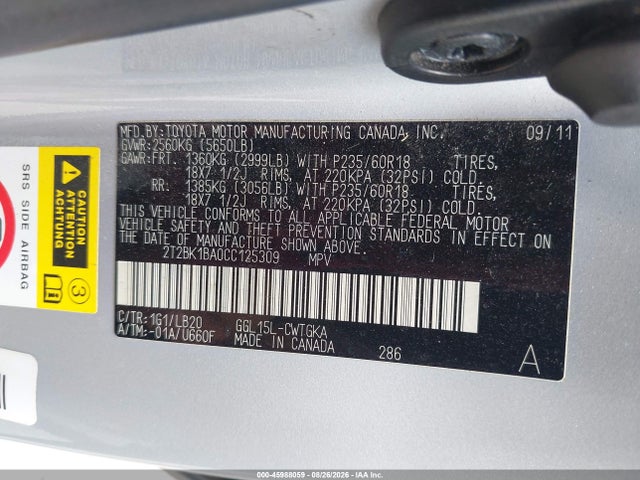 45988059 :رقم المزاد ، 2T2BK1BA0CC125309 vin ، 2012 Lexus Rx 350 مزاد بيع