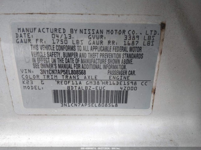 Продажа на аукционе авто 2014 Nissan Versa 1.6 Sv, vin: 3N1CN7AP5EL808568, номер лота: 45988074