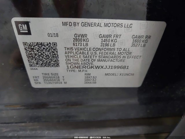 Aukcja sprzedaży 2018 Chevrolet Traverse 1lt, vin: 1GNERGKWXJJ199681, numer aukcji: 45988080