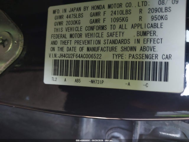 Aukcja sprzedaży 2010 Acura Tsx 2.4, vin: JH4CU2F64AC006522, numer aukcji: 45988091
