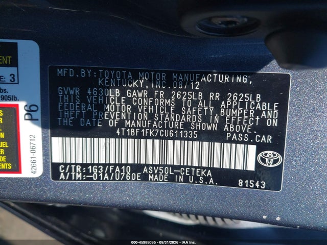 45988095 :رقم المزاد ، 4T1BF1FK7CU611335 vin ، 2012 Toyota Camry L مزاد بيع