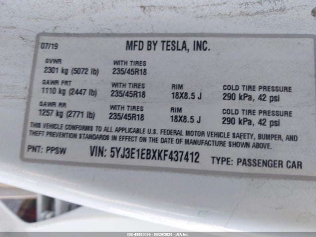 5YJ3E1EBXKF437412 Tesla Model 3 Long Range/performance