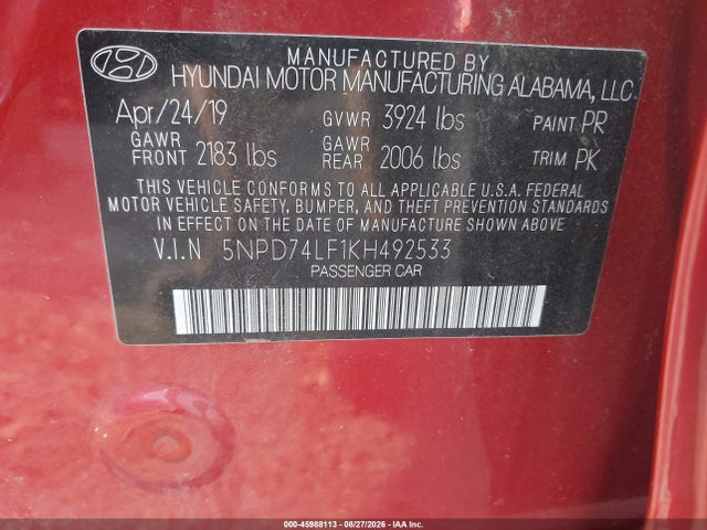 Продаж на аукціоні авто 2019 Hyundai Elantra Se, vin: 5NPD74LF1KH492533, номер лоту: 45988113