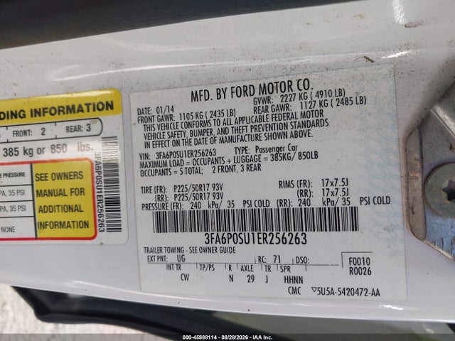 45988114 :رقم المزاد ، 3FA6P0SU1ER256263 vin ، 2014 Ford Fusion Energi Titanium مزاد بيع
