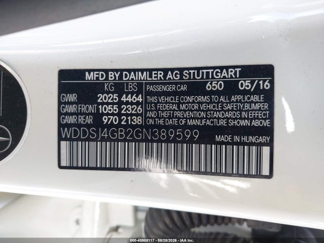 Aukcja sprzedaży 2016 Mercedes-benz Cla 250 4matic, vin: WDDSJ4GB2GN389599, numer aukcji: 45988117