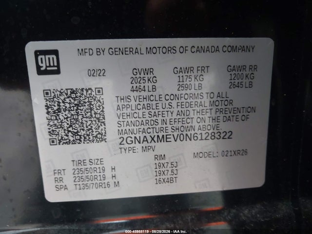 2022 Chevrolet Equinox Fwd Rs მანქანა იყიდება აუქციონზე, vin: 2GNAXMEV0N6128322, აუქციონის ნომერი: 45988119