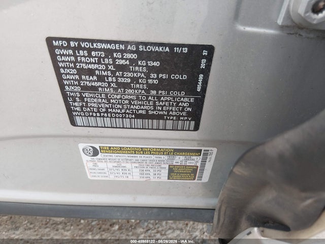 2014 Volkswagen Touareg 3.6l R-line მანქანა იყიდება აუქციონზე, vin: WVGDF9BP6ED007304, აუქციონის ნომერი: 45988122