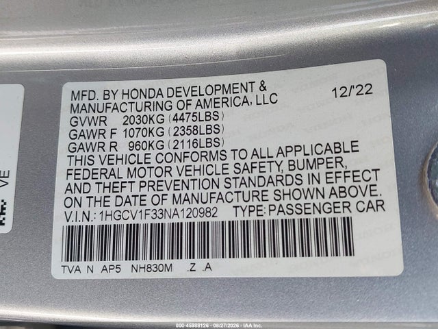 45988126 :رقم المزاد ، 1HGCV1F33NA120982 vin ، 2022 Honda Accord Sport مزاد بيع
