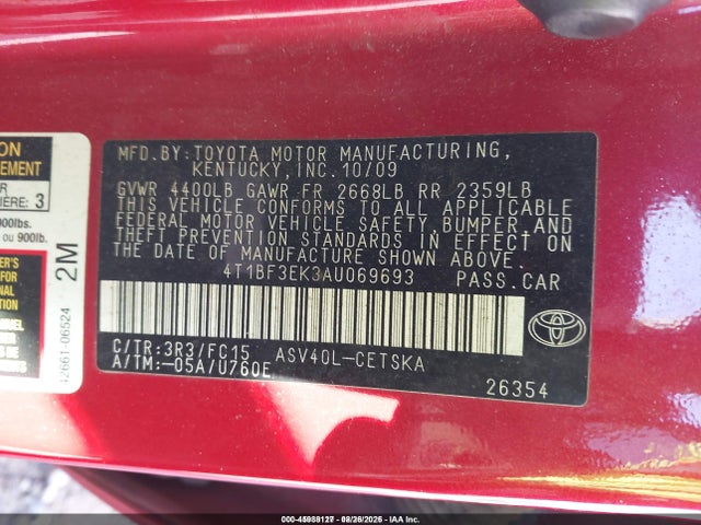 2010 Toyota Camry Se მანქანა იყიდება აუქციონზე, vin: 4T1BF3EK3AU069693, აუქციონის ნომერი: 45988127