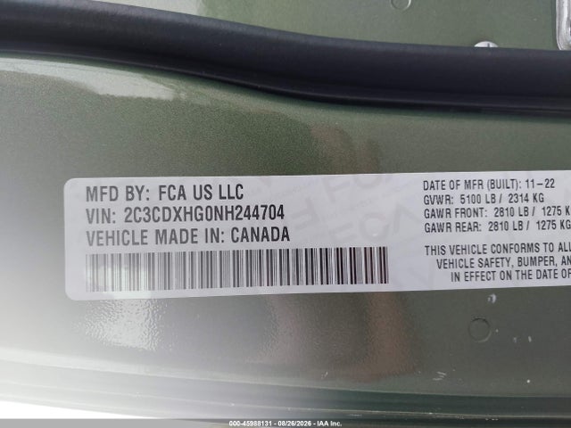 Продажа на аукционе авто 2022 Dodge Charger Gt Rwd, vin: 2C3CDXHG0NH244704, номер лота: 45988131