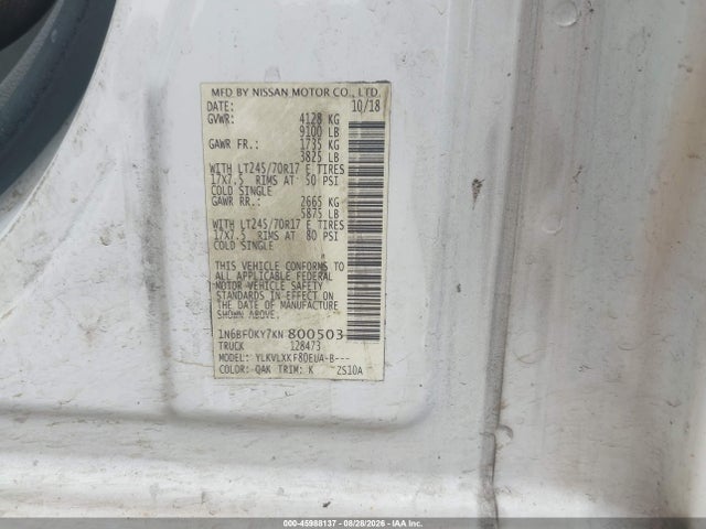 1N6BF0KY7KN800503 Nissan Nv Cargo Nv2500 Hd Sv V6