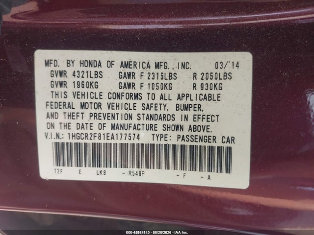 1HGCR2F81EA177574 Honda Accord Ex-l