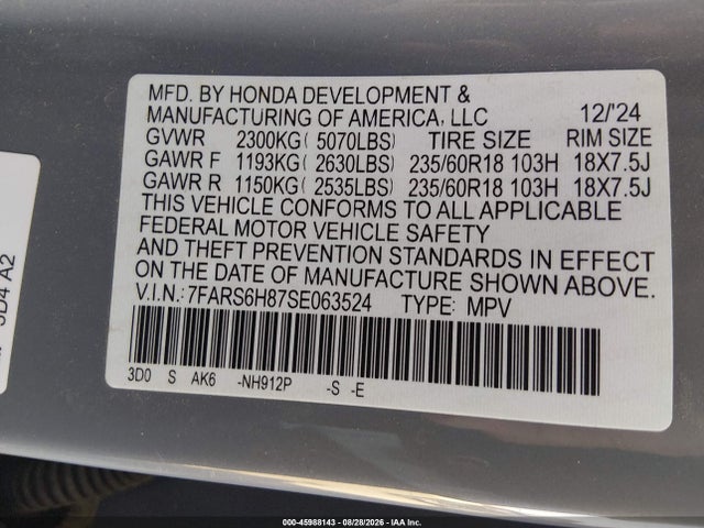 Aukcja sprzedaży 2025 Honda Cr-v Hybrid Sport-l, vin: 7FARS6H87SE063524, numer aukcji: 45988143