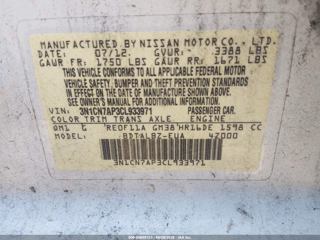 Продаж на аукціоні авто 2012 Nissan Versa 1.6 Sv, vin: 3N1CN7AP3CL933971, номер лоту: 45988153