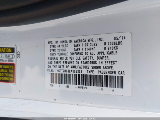 Honda Accord Ex-l V-6 2014 1HGCT2B89EA008359 Image 9