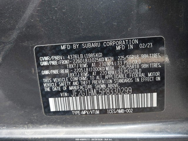 Продаж на аукціоні авто 2023 Subaru Crosstrek Limited, vin: JF2GTHMC5P8330299, номер лоту: 45988172