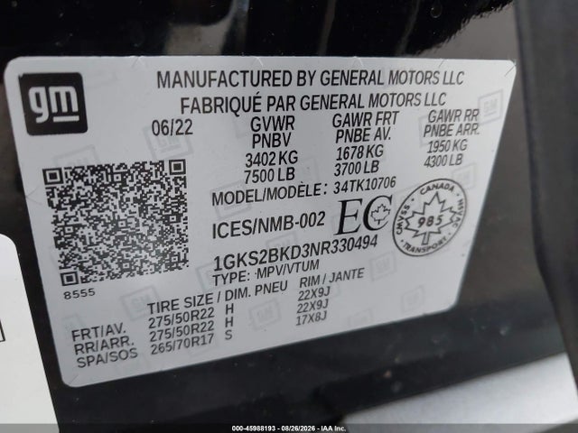 Aukcja sprzedaży 2022 Gmc Yukon Slt, vin: 1GKS2BKD3NR330494, numer aukcji: 45988193