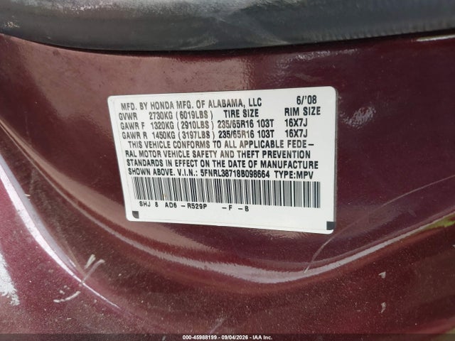 2008 Honda Odyssey Exl მანქანა იყიდება აუქციონზე, vin: 5FNRL38718B098664, აუქციონის ნომერი: 45988199