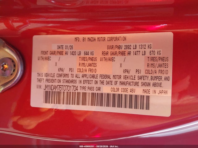 45988201 :رقم المزاد ، JM1NDAM76T0701704 vin ، 2026 Mazda Mx-5 Miata Rf Grand Touring مزاد بيع
