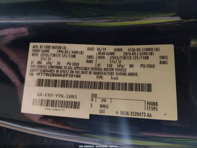 Продаж на аукціоні авто 2019 Ford F-250 Xl, vin: 1FT7W2B66KEF35186, номер лоту: 45988203