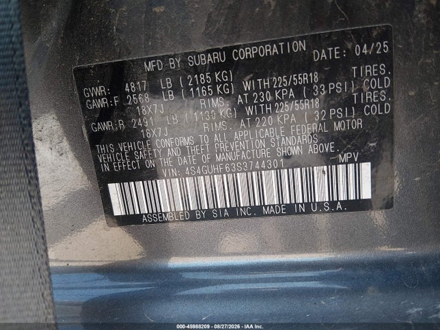 Aukcja sprzedaży 2025 Subaru Crosstrek Sport, vin: 4S4GUHF63S3744301, numer aukcji: 45988209