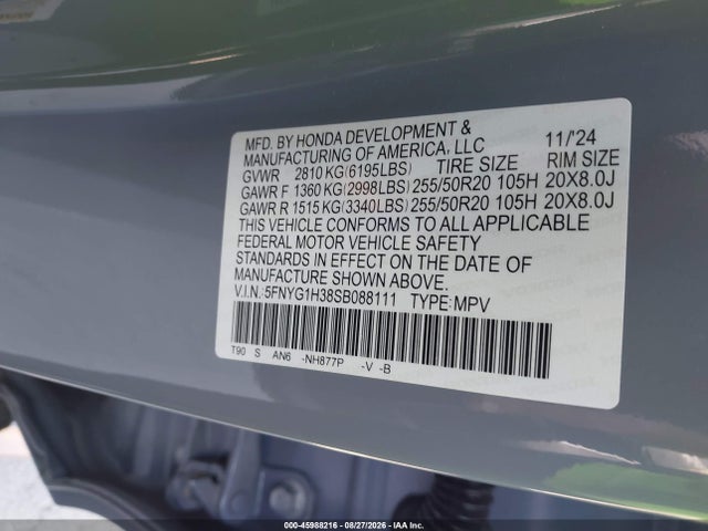 45988216 :رقم المزاد ، 5FNYG1H38SB088111 vin ، 2025 Honda Pilot Sport مزاد بيع