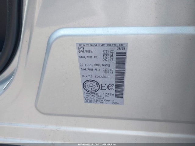 45988223 :رقم المزاد ، 5N1DL0MM1KC517858 vin ، 2019 Infiniti Qx60 Luxe/pure مزاد بيع