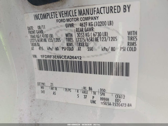 Auction sale of the 2012 Ford F-350 Chassis Xl, vin: 1FDRF3E69CEA26412, lot number: 45988226