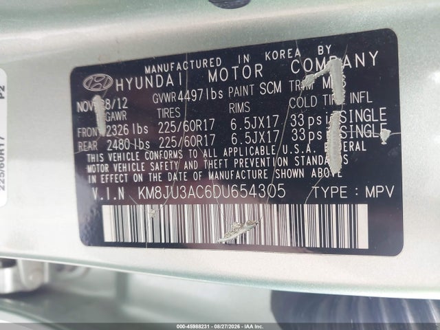 45988231 :رقم المزاد ، KM8JU3AC6DU654305 vin ، 2013 Hyundai Tucson Gls مزاد بيع