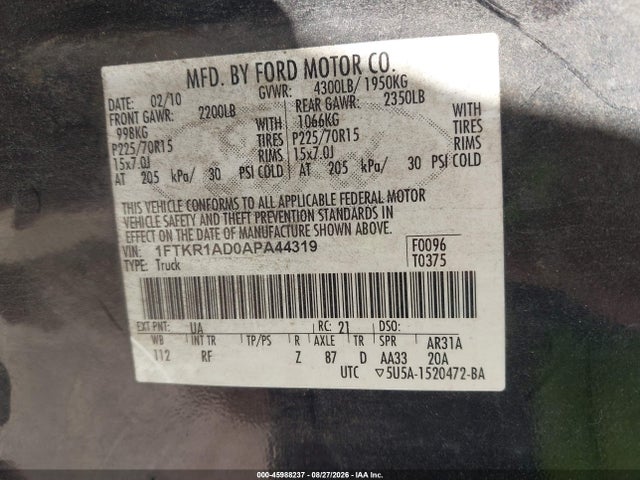 45988237 :رقم المزاد ، 1FTKR1AD0APA44319 vin ، 2010 Ford Ranger Xl/xlt مزاد بيع