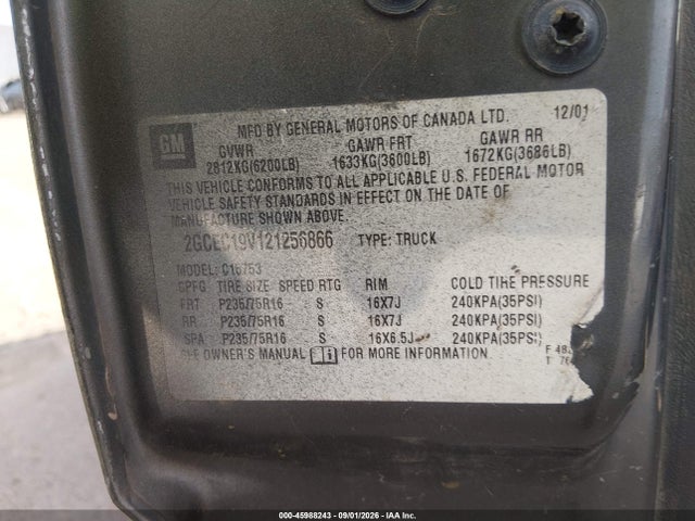 2002 Chevrolet Silverado 1500 Ls მანქანა იყიდება აუქციონზე, vin: 2GCEC19V121256866, აუქციონის ნომერი: 45988243