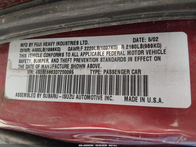 Продажа на аукционе авто 2003 Subaru Outback Limited, vin: 4S3BE686337200095, номер лота: 45988260