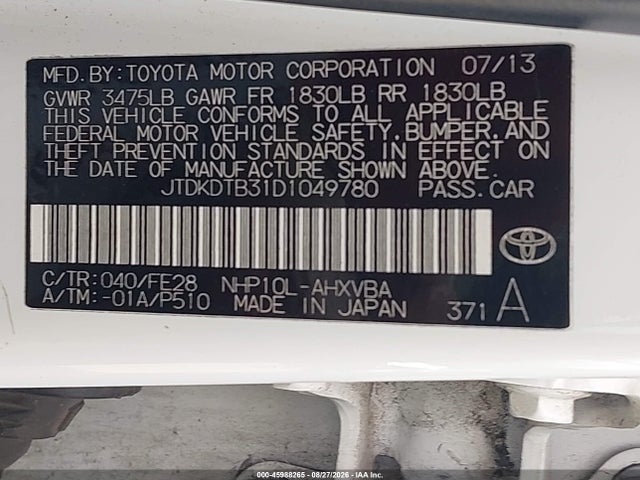 Aukcja sprzedaży 2013 Toyota Prius C One, vin: JTDKDTB31D1049780, numer aukcji: 45988265