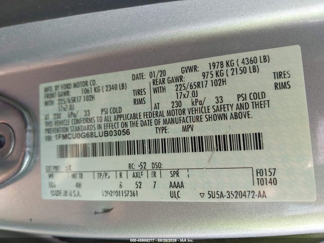 Aukcja sprzedaży 2020 Ford Escape Se, vin: 1FMCU0G68LUB03056, numer aukcji: 45988277