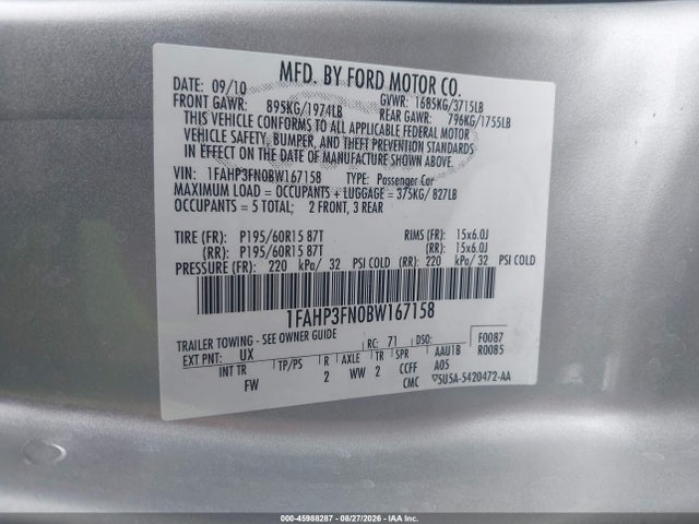 45988287 :رقم المزاد ، 1FAHP3FN0BW167158 vin ، 2011 Ford Focus Se مزاد بيع
