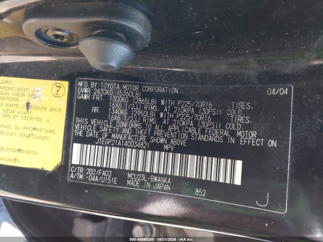 Aukcja sprzedaży 2004 Toyota Highlander V6, vin: JTEGP21A140034821, numer aukcji: 45988288