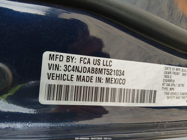 45988304 :رقم المزاد ، 3C4NJDAB8MT521034 vin ، 2021 Jeep Compass Sport 4x4 مزاد بيع