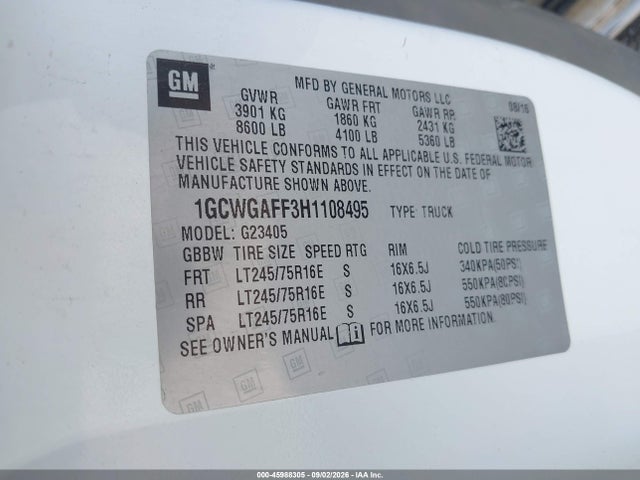 Продажа на аукционе авто 2017 Chevrolet Express 2500 Work Van, vin: 1GCWGAFF3H1108495, номер лота: 45988305