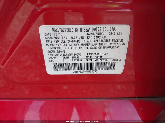 45988322 :رقم المزاد ، JN1CV6AR6AM460050 vin ، 2010 Infiniti G37 مزاد بيع