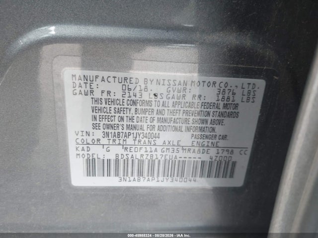 Продажа на аукционе авто 2018 Nissan Sentra Sr, vin: 3N1AB7AP1JY340044, номер лота: 45988324