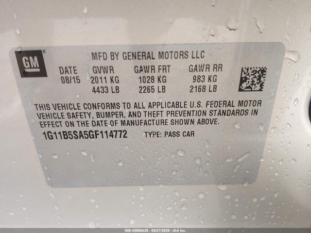 Продажа на аукционе авто 2016 Chevrolet Malibu Limited Ls, vin: 1G11B5SA5GF114772, номер лота: 45988328
