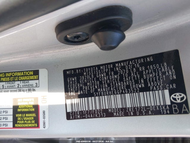 45988336 :رقم المزاد ، 5YFBURHE6GP463522 vin ، 2016 Toyota Corolla S Plus مزاد بيع
