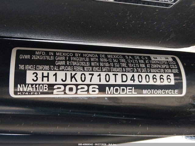 Продажа на аукционе авто 2026 Honda Nva110 B, vin: 3H1JK0710TD400666, номер лота: 45988342
