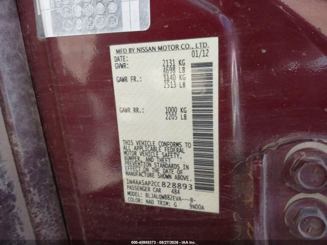 Aukcja sprzedaży 2012 Nissan Maxima 3.5 S, vin: 1N4AA5AP2CC828893, numer aukcji: 45988373