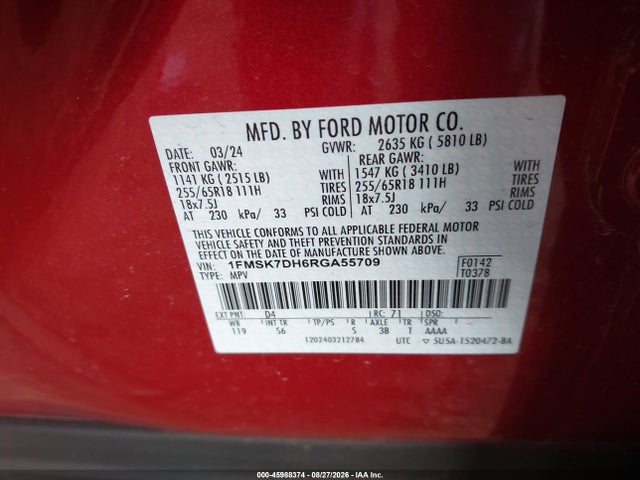 2024 Ford Explorer Xlt მანქანა იყიდება აუქციონზე, vin: 1FMSK7DH6RGA55709, აუქციონის ნომერი: 45988374