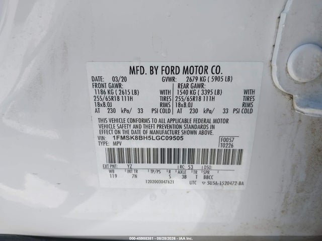 45988381 :رقم المزاد ، 1FMSK8BH5LGC09505 vin ، 2020 Ford Explorer مزاد بيع